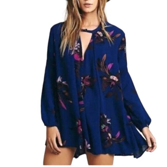 Free People Dresses & Skirts - Free People Dress Women XS Tree Swing Blue Tunic Floral Keyhole Boho Long Sleeve